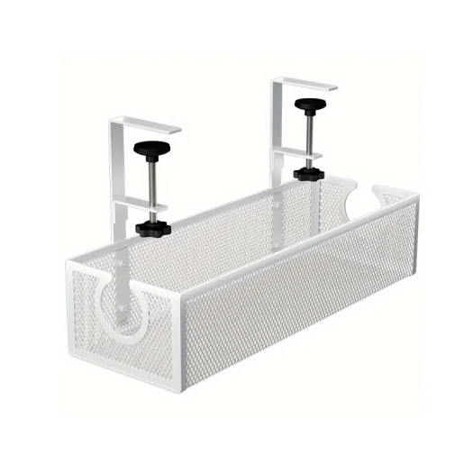 Adjustable Under-Desk Cable Management Tray, Iron Mesh Cable Organizer with Long Arms and No-Drill Clamp-On Design, Desk Wire Holder for Office, Secure and Easy Installation - White